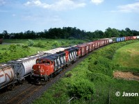 An eastbound CN train is viewed about to duck under Highway 401 with GP40-2L(W)’s 9540 and 9560 while meeting 363 at Milbase, which is located in Milton, Ontario on CN’s Halton Subdivision. 
