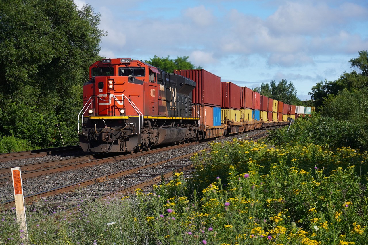 CN 8100 one of four ex-EMD demonstrator SD70ACe units, leads a CN Q106 down through mile 21.1 Bala Sub on their way towards Doncaster where they turn Eastwards for Montreal.