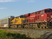 There was a time when almost every CP freight seemed to include foreign power. This evening was no different. Almost that golden hour of sunlight that I recently shot <a href="http://www.railpictures.ca/?attachment_id=59737"> CPKC H89 in, rolling through downtown Chatham. </a> Here, shown is UP 8104 being led by CP 8960 westbound, about to cross Caledonia Road on the outskirts of Chatham.
