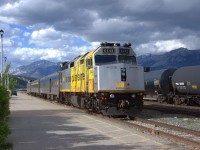 <br>
<br>
Pocket Streamliner,
<br>
<br>
on the east end of the station platform track, 
<br>
<br>
the future VIA #5 awaits the Friday 12:45 departure
<br>
<br>
At Jasper, 20:51, June 6, 2024 digital by S.Danko
<br>
<br>
consist:
<br>
<br>
VIA 6445 - 8600 - 8109 - 8703 Banff Park
<br>
<br>
and 6433 is on standby in the Jasper VIA storage track.
<br>
<br>
sdfourty
