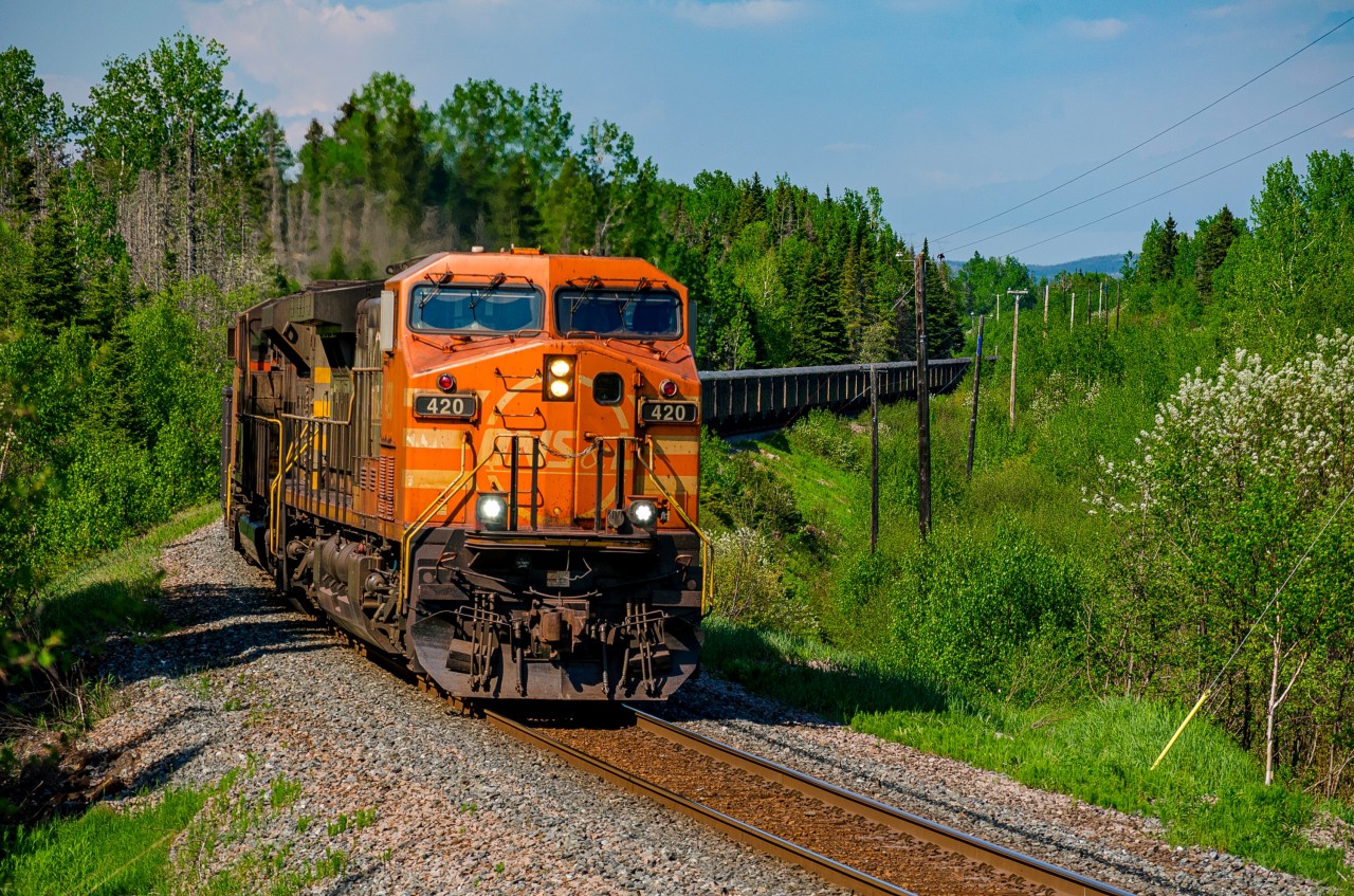 AC44CW #420 leads a loaded Bloom Lake ore train at Milepost 9 of the Wacouna Subdivision, it will interchange with the Arnaud railway just south of here, at Arnaud Jonction. With all the QNSL Dash 9s now retired and the SD40-3s being on switching and wayfreight duties, the AC44CWs such as this one are now the oldest active mainline power on the railway.