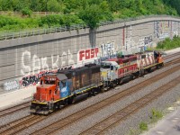 CN 522 with a GTW/IANR/CN lashup has just dropped cars from Southwark off at Turcot Ouest. Who would would have thought these three paint schemes would be together in the year 2026, all on a CN train.