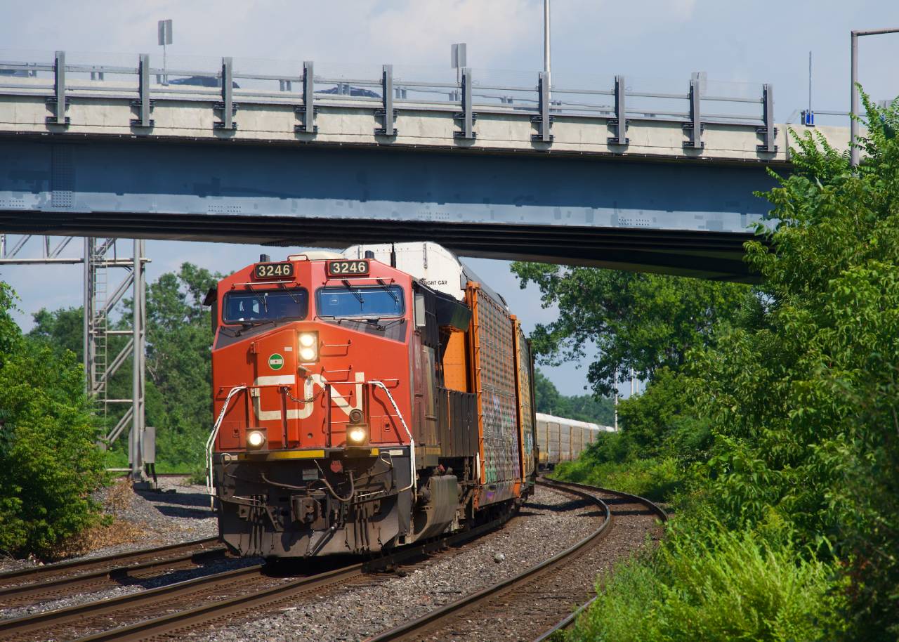 Running later than usual (and so well lit here for once), autorack train CN 271 heads west.