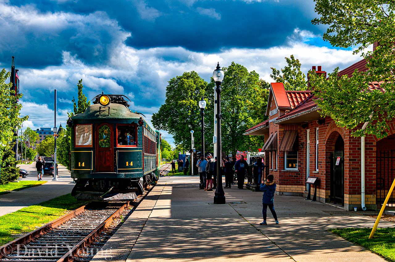 Elgin County Rail Museum's restored L&PS Car 14 is right back where she belongs. A rare mileage charter involving the Port Stanley Terminal Railway and the Museum came together beautifully with three runs taking part over the day. The runs originated out of the London & Port Stanley replica staiton in downtown St. Thomas.  The morning run to Port Stanley was a sold out success, the second run for all volunteers involved ran from as far as Whytes and return while a third and final trip ran Port Stanley in the afternoon sold out as well. It brought out the cameras as well. Pushed by Port Stanley Terminal Railway's "Winnie", LPS 14 rolls into the replica station downtown St Thomas with rp.ca's contributers Kyle Stefanovic's son framing up the old streetcar. A shame this stretch of rail which was relaid only sees use a handful of times a year. It is great seeing the Port Stanley Terminal and Elgin County Museum jointly operate within the city and I for one, wish they could find a formula which would see more frequent operations within the city limits.