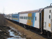 <b> Eclectic mix </b> <br>
A dog's breakfast of old passenger equipment sits on a deadline in ONR's North Bay, ON yard on May 4, 2004. <br>
Closest to the camera is coach ONT 840 (ex-N&W 511) Pullman Standard built in 1949.