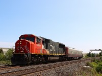 Eastbound TEST Train with Track Evaluation System CN 1057 only. Noticeably missing is the Deployable Gage Restraint Measurement System (DGRMS) boxcar. 48 mph over the detector, meeting M397 at Tansley.


