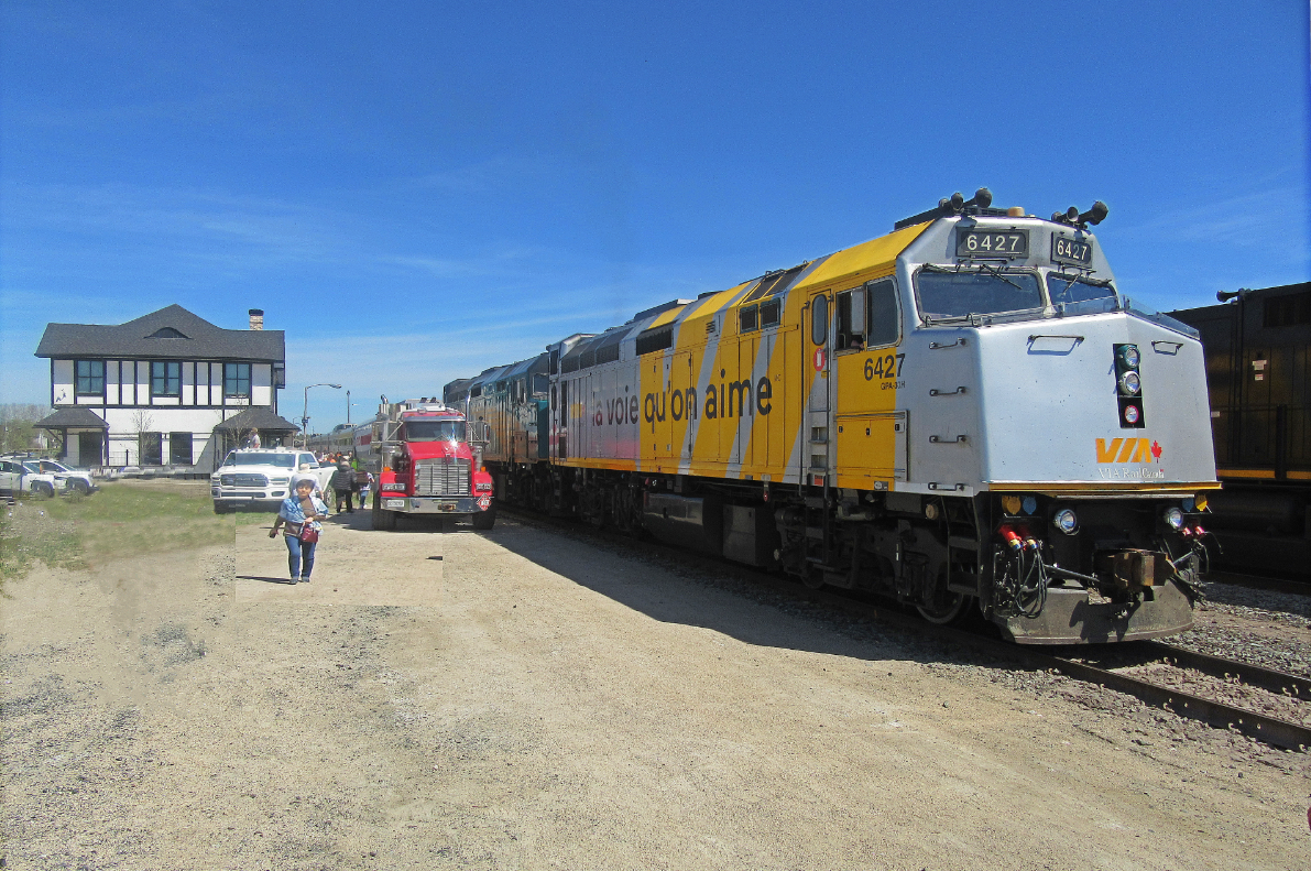 Our Latest VIA Trip! VIA F40PH #6427 on the point of The Canadian at Sioux Lookout, ON. 

This photo is from the latest trip my wife & I took  on the 'Canadian' & is part of a 4 part Youtube video series I filmed where:

-In Part 1 we took VIA Rail's transcontinental train "The Canadian" Westbound from Toronto to Vancouver. 
-In Part 2 we explored Vancouver Island by rental car, tour train & ferry. 
-In Part 3 we journeyed aboard BC Ferries thru the inside passage from Port Hardy to Prince Rupert.
-And in Part 4 we took VIA Rail's "Skeena" Eastbound thru the Rockies from Prince Rupert to Jasper.

The video of part 1 - The Canadian - is now available on my YouTube channel at: https://youtu.be/A9I7enoWVzs

Cheers! Pete