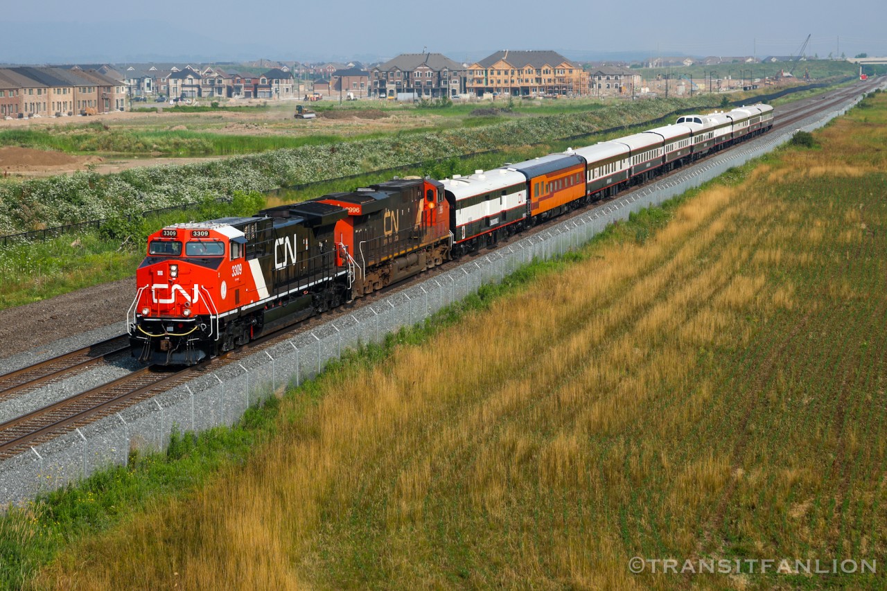 CN P00731 17 with CN 3309 and 2996 for power, cosplaying GO train for a day made tours at Oshawa and Niagara Falls with a crew change stop at new SHIT yard. (2026/07/17)