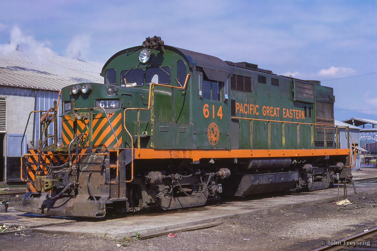 Sitting outside the Pacific Great Eastern diesel shop at North Vancouver is MLW RS18 614, built in 1964.

Broadside

Scan and editing by Jacob Patterson.