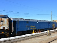 <b> Kit bashed combine </b> <br>
ONT 2070 auxiliary cable car once assigned to the ONR wreck train is now a tool and supply car sitting on the rip track at the ONR shop complex in North Bay. <br>
It is an ex-CP coach/baggage combination car CC&F built in 19xx. <br>
Here it is 19 years earlier at the exact same location .... <br>
<b> http://www.railpictures.ca/?attachment_id=59709 </b>