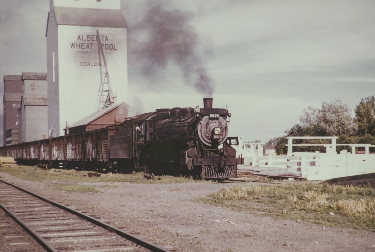 This is a very impressive colored photograph, likely from the 1950s period. CPR 2572 leads a grain train out of Coaldale AB.