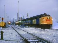 Late in the evening the westbound Atlantic is at the station in Moncton. 
