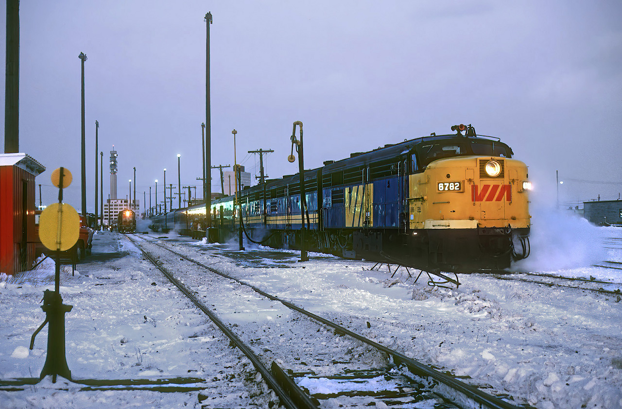 Late in the evening the westbound Atlantic is at the station in Moncton.