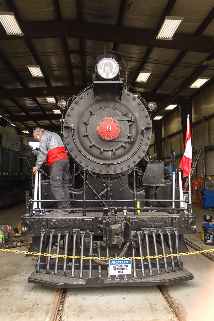 Inspired by recently viewing  Robert Farkas' front end photo of VIA 6540,  I remembered I had taken one of my own. Here, old ETR number 9, is at the WCR shops a few years back, having the finishing touches being made to get it ready for its big run on Victoria Day.