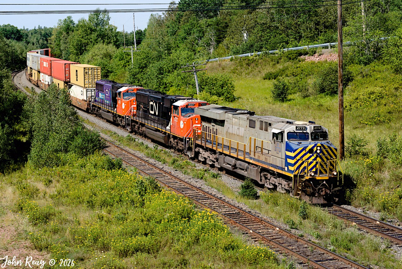 Z120 by me at 11:15 on August 13th at Springhill Jct NS, ex-CREX leader, CN 8357 "mental health awareness" facing forward and nice and clean. Elephant style head-end power Ex-CREX DPU facing west, lots of auto racks on the tail end. 420 axles, decent amount of containers and some tank cars in the middle.