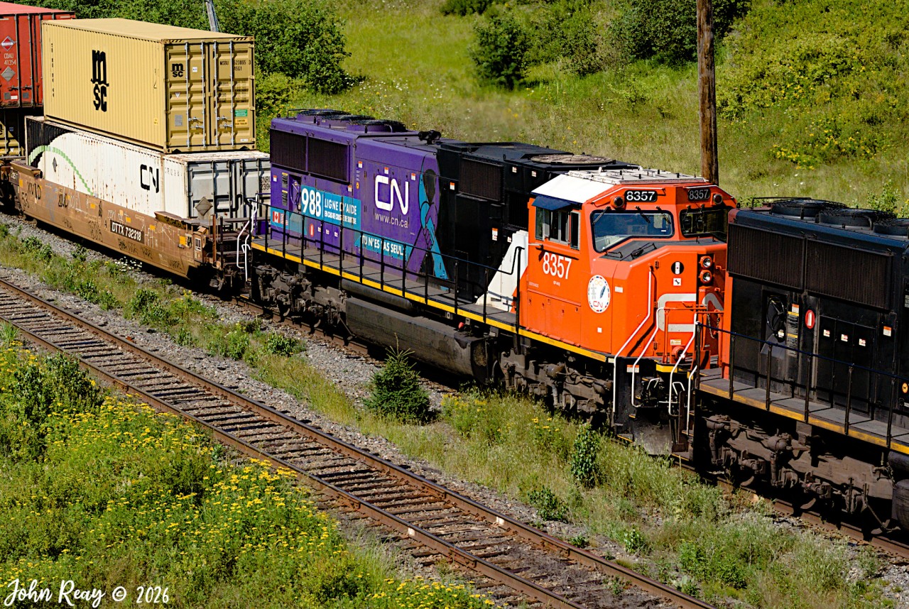 Close up of CN 8357 "Mental Health Awareness" in trailing position at Springhill Jct NS