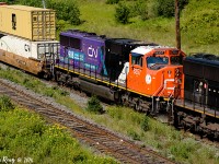 Close up of CN 8357 "Mental Health Awareness" in trailing position at Springhill Jct NS