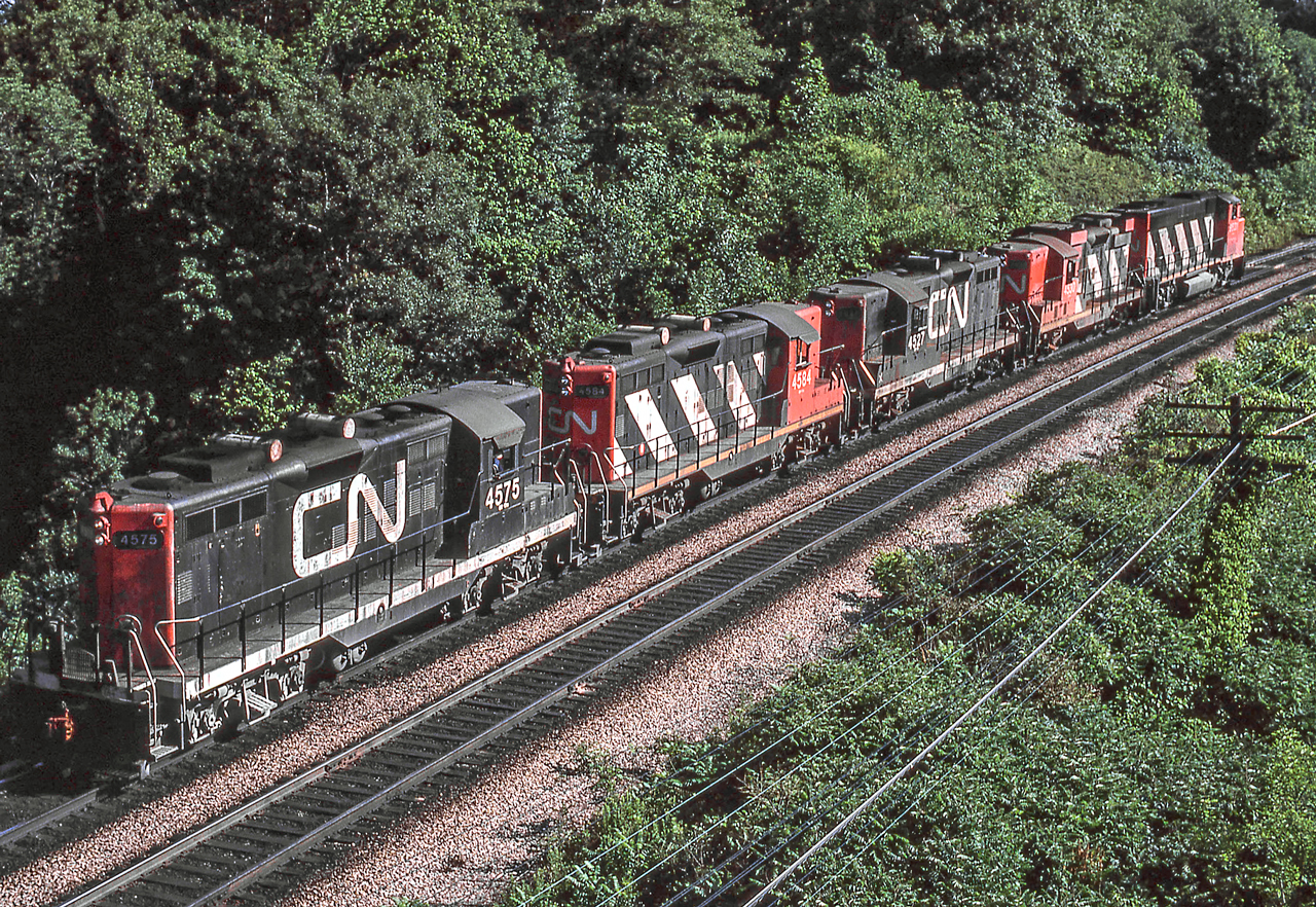CN 4575 and four other locomotives are running light near Bayview Junction, Ontario on July 24, 1980.