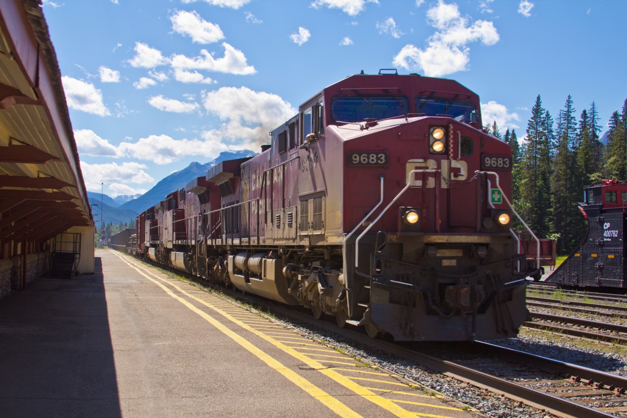 Photo taken of CP 9683 at approximately 5:45pm on Sunday the 24th of July 2011. While travelling for work I was able to spend some time exploring new places including the Banff region, where I was luck enough to capture this Canadian Pacific train rolling through the station.