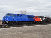 GECX 2038 and CN 2574 looking rather spiffy, having newly arrived in Canada via the Fort Erie International Bridge.  The GECX, as far as I know, is still making the rounds on CN as a leased ET44AC demonstrator.