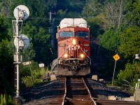 CP 8803 is stopped over the Trent River as it waits for a westbound.  With a couple  level crossings over the Trenton siding, eastbound trains will hold short of the siding until the westbound is close.  In this case the wait was almost an hour but with no other long sidings east of Trenton the wait can sometimes be several hours.