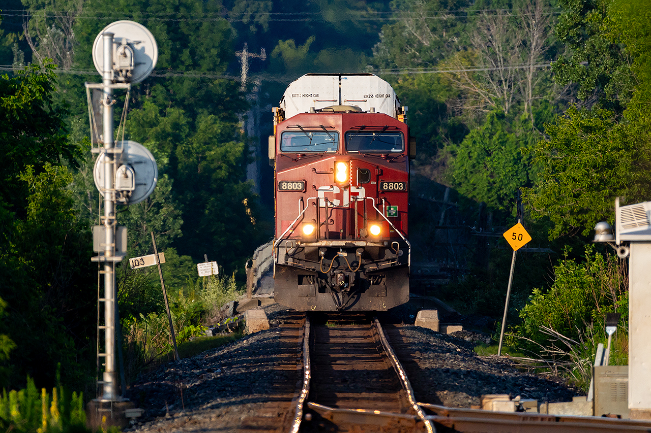 CP 8803 is stopped over the Trent River as it waits for a westbound.  With a couple  level crossings over the Trenton siding, eastbound trains will hold short of the siding until the westbound is close.  In this case the wait was almost an hour but with no other long sidings east of Trenton the wait can sometimes be several hours.
