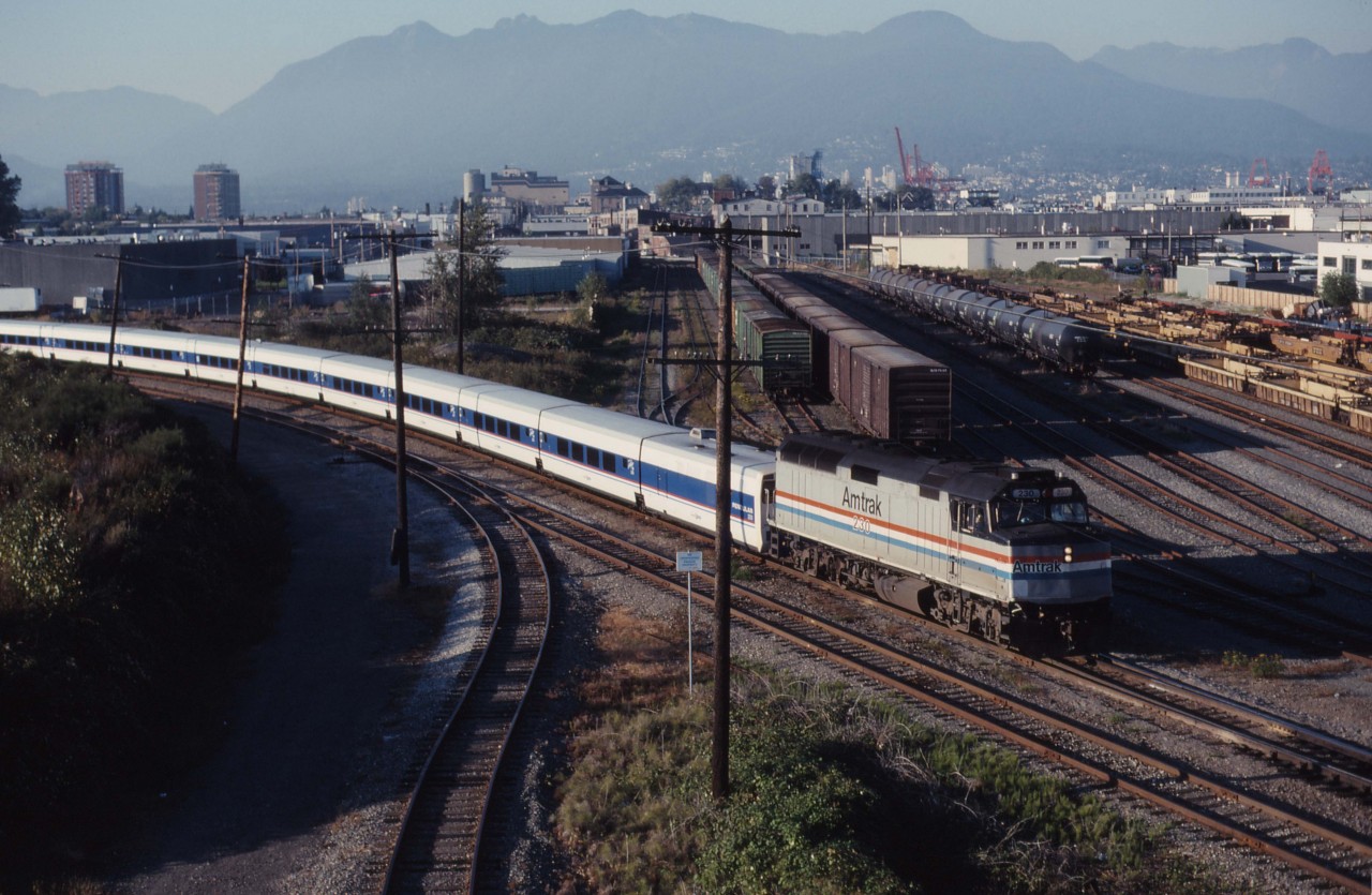 Shortly after leaving Pacific Central station, Amtrak train 1761 begins its southward trip to Seattle with Talgo equipment behind F40PH 230. I rode this train in 2018 and was pleasantly surprised by how scenic the trip was and the number of BNSF freights we passed!