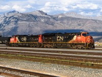 <b> I don't smell anything </b> <br>
CN 3053 & CN 2515 lead a westbound unit train of tank cars all stenciled 'Liquified Petroleum Gas Non-odorized' through the yard at Jasper, AB on September 1, 2026. <br>
The CN North American logo on CN 2515 is holding up much better than the cab side paint. <br> 
A tip of the hat to LP for his exceptional editing of this photo.