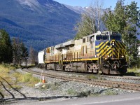 <b> Re-crewed and on the move >/b> <br>
With a fresh crew on board CN 3958 with CN 3963 in tow moves eastward at Mile 0.29 Albreda Sub. just prior to occupying the Hazel Avenue crossing at the entrance to CN's yard in Jasper, AB. <br>
A beautiful day in Jasper on my birthday! :-)