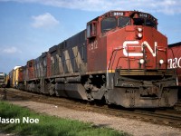 CN 431 with M420(W)’s 3512, 3555 and 3560 are pictured in the yard at Kitchener, Ontario. The crew had just completed their set-off and would soon depart west on the CN Guelph Subdivision for London. 