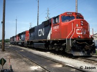 CN SD70I 5600 is viewed waiting between assignments outside the MacMillan Yard diesel shop in Vaughan, Ontario. At the time the unit was less than a year old having entered service on August 9, 1995. 