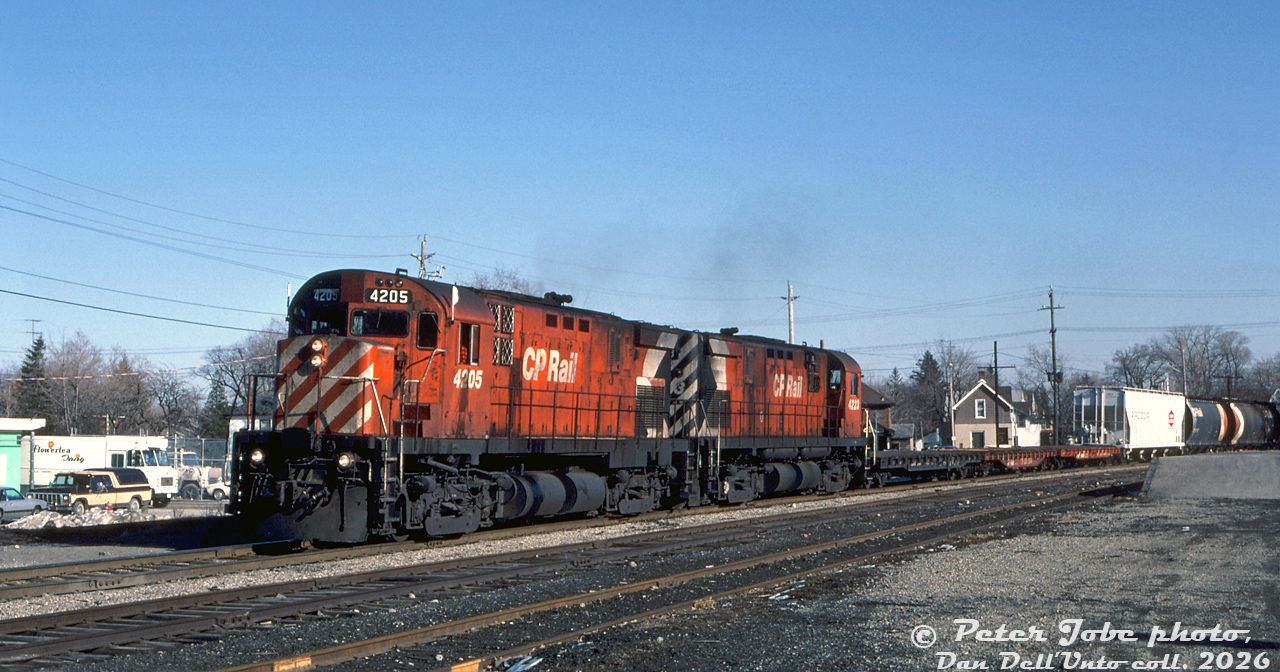 CP Rail C424 units 4205 and 4233 roll through downtown Brampton with the northbound "Moonlight" (train #89), crossing Queen Street and passing by the former CPR Brampton Station site, south of the diamond. The old station had been under threat of demolition by CP, but disassembled and removed off-site for future preservation in 1981 by the local historical society. Despite the station's absence, the station grounds here still had a passing track, back track, and ramp/team track. There once was a ramp north of the station with its own siding, but at some point the old freight shed on the right had been converted to a ramp, and remained so into the OBRY era (as did some of the siding tracks). 

The three empty flatcars behind the power were likely bound for the Brampton Caterpillar plant at Sandalwood Parkway near the Heart Lake community. The Cat plant had opened two years prior in 1983 (the manufacturing operations were moved from Cat's old Mississauga plant in Dixie) for the assembly of small rubber-tired loaders and logging skidders (often shipped out of the plant on flatcars), but would close in 1992 during a round of plant consolidations due to the economic slump.

The 80's and 90's were a time for the C424's to shine in branchline service, as part of CP's 10 Year Locomotive Program, they were modified from Diesel Road Freight (DRF) to Diesel Road Switcher (DRS) in the early 80's for service on branchlines as roadswitchers (along with the GP30 and GP35 units), to replace some of CP's aging 4-axle 1st generation GMD and MLW power either being rebuilt as yard units, or retired (brand new GP38-2 units were also acquired to help with the displacement). The final C424 units were retired in 1998.

Flowerlea Dairy, in business at 6 Park Street on the left, was established in 1962 when a group of local milk producers purchased the old Pocock Dairy operations (est. 1920). They grew over the years and acquired Bolton Dairy in 1973, and also ran a distribution operation called Dairyland Transport Co-op. The Park Street location in downtown Brampton was their main milk bottling and distribution facility. Flowerlea's history is a little hard to trace in later years, but it appears its operations were sold to Saputo around 1993.

Peter Jobe photo, Dan Dell'Unto collection slide.