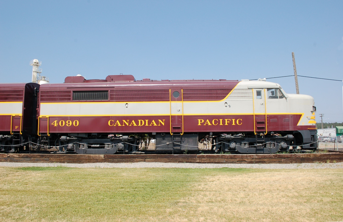 From our Latest VIA Trip to BC! The sole surviving Canadian Pacific Alco-designed cab-unit, FA-2 #4090, sits on display at the Canadian Museum of Rail Travel in Cranbrook, BC.
This photo is from a trip my wife & I took on the 'Canadian' & is part of a 4 part YouTube video series I filmed where: 
-In Part 1 we took VIA Rail's transcontinental train "The Canadian" Westbound from Toronto to Vancouver. 
-In Part 2 we explored Vancouver Island by tour train, rental car & ferry . 
-In Part 3 we journeyed aboard BC Ferries thru the inside passage from Port Hardy to Prince Rupert. 
-And in Part 4 we took VIA Rail's "Skeena" Eastbound thru the Rockies from Prince Rupert to Jasper. 
The video of part 1 - The Canadian - is now available on my YouTube channel at: 
 https://youtu.be/A9I7enoWVzs 
Cheers! Pete