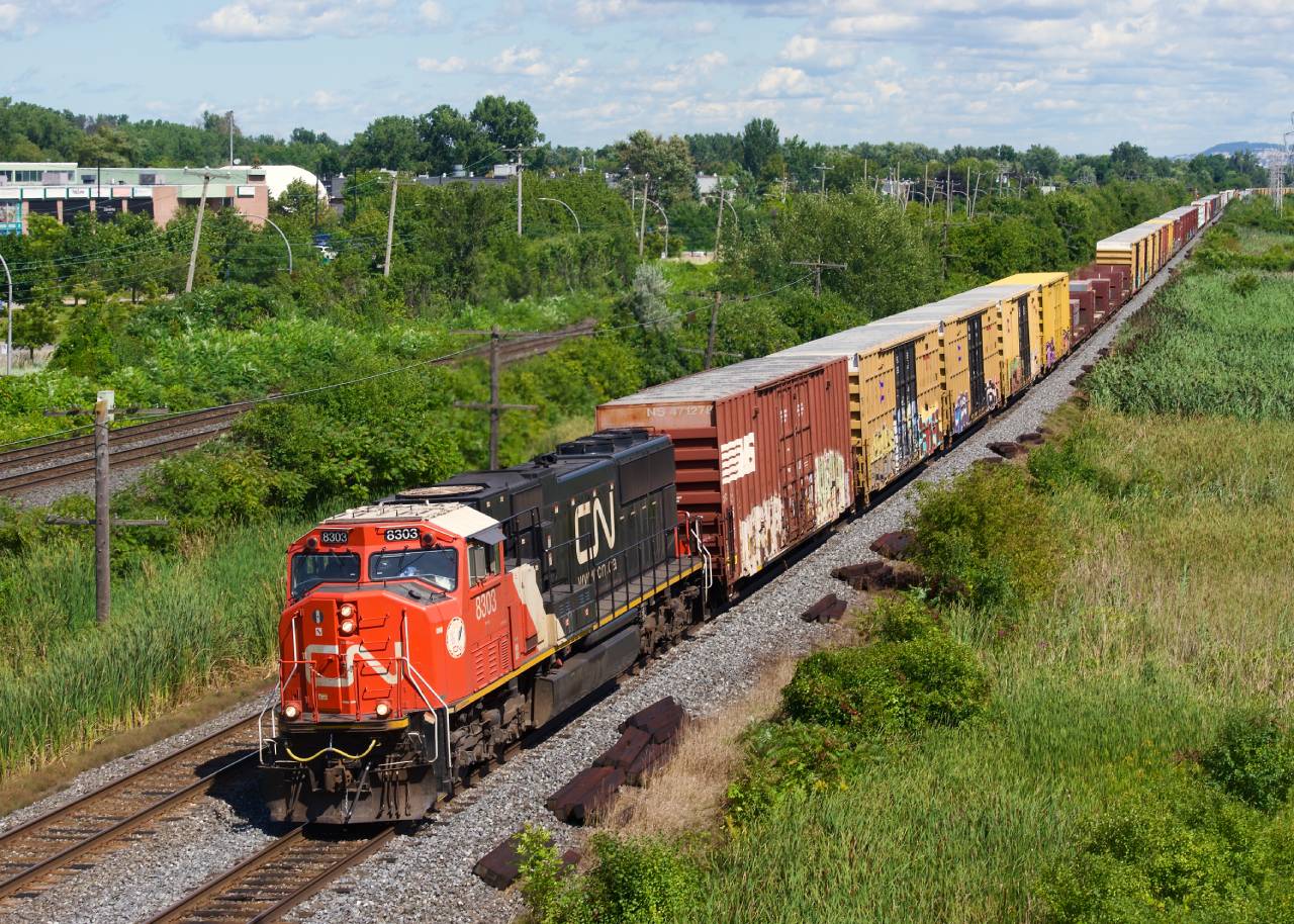 In a welcome break from gevos, CN 8303 leads CN 369 past MP 14 of the Kingston Sub.