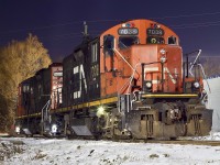 “Preston Nights” one of the things I miss most about my old job was sometimes getting to fill in as back up company rep at the Cambridge Toyota plant. Typically a night thing that would allow me to pass by Preston in the early morning hours to see what CN (before that GEXR) had laying over on the old Fergus spur beside the the once busy walk board trans load facility. This arrangement last until the facility moved away off line, forcing this section of track to fall silent for good. The location of a well lit car lot prided lots of useful light for photography. This was the only time I caught a pair of GP9RM’s laying over. Today only a couple customers remain on this one time busy spur, only one customer remains in Cambridge the other close to Guelph. 