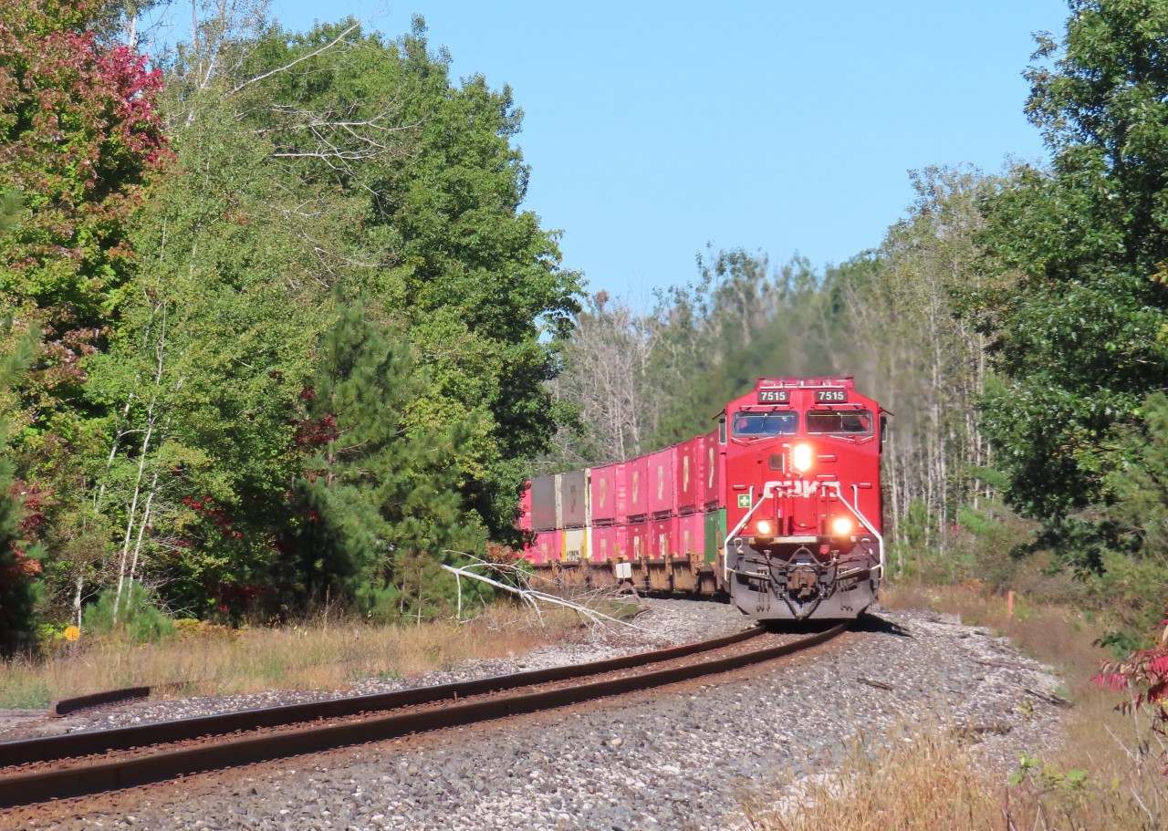 Southbound intermodal at was once the south siding switch of the Midhurst siding. The switch was removed in 2011. While a derail is still in place, a stop block was installed further up the spur.