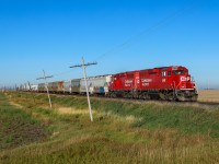 CPKC E36-19 highballs out of Pasqua with a pair of EMD GP20ECOs; CP 2247, CP 2212 and 24 cars. Next stop is Belle Plaine to do some work.  