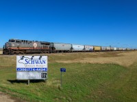 KCS 4859 wearing a special Safety Scheme approaches Waldeck, Saskatchewan on the Swift Current Sub.  