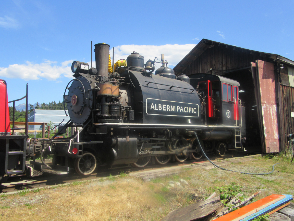 Taken on our Latest VIA Trip to BC! Alberni Pacific 2-8-2t Type Steam Locomotive #7 being made ready for duty at Port Alberni, BC
This photo is from the latest trip my wife & I took on the 'Canadian' & is part of a 4 part YouTube video series I filmed where: 
-In Part 1 we took VIA Rail's transcontinental train "The Canadian" Westbound from Toronto to Vancouver. 
-In Part 2 we explored Vancouver Island by tour train, rental car & ferry . 
-In Part 3 we journeyed aboard BC Ferries thru the inside passage from Port Hardy to Prince Rupert. 
-And in Part 4 we took VIA Rail's "Skeena" Eastbound thru the Rockies from Prince Rupert to Jasper. 
The video of part 2 - Vancouver Island by tour train, rental car & ferry - is now available on my YouTube channel at: 
 https://www.youtube.com/watch?v=HQG6MN9qKk0 
Cheers! Pete