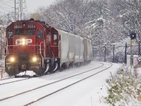 It’s hard to resist not heading out after a night of fresh snow. Another one of those GP38 shots. I alway liked CP’s small and unique fleet of GP38AC’s while they look very similar to run of the mill GP38’s they do have some different details along with being the oldest GP38’s on the roster. After spending most of their lives assigned to western Canada along with Vancouver Island they were finally scattered across the system several years ago. 3004 and 3005 received a special paint scheme while working on the island but when CP gave up the trackage they were gradually repainted back to full CP paint. Today the majority of the small fleet survives with only a few retired. It was nice having 3004 in Southern Ontario for a brief period before returning to the States. Here it and another GP roll east under fresh powder at Meadowvale after working Hornby yard. Back in 2020 H24 would work Streetsville yard before heading to Hornby and back home to Toronto. This explains the covered hoppers in the consist. 