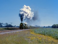The weekend of September 13 - 15, 1963 marked a massive undertaking by the Upper Canada Railway Society, a 692.2 mile excursion from Toronto - Ottawa - North Bay - Temagami - Toronto, with seventeen coaches behind CNR 6167. With the train having run overnight from Toronto - Ottawa on the 13th, the train turned west and departed the nation's capital early on the 14th, running across northern Ontario to North Bay. 6167 would be removed at North Bay, with ONR FP7s handling the train to Temagami overnight. The consist returned to North Bay on the morning of the 15th, with 6167 taking over once again for the return to Toronto.<br><br>At roughly mile 47.5 pf the Beachburg Sub, CNR 6167 swings through the sweeping curve at Bristol, Quebec, following the north shore of the Ottawa River from the capitol into the northern wilderness before crossing back into Ontario near Beachburg.<br><br>Further information can also be found in <a href=https://railwaypages.com/upper-canada-railway-society-ucrs-and-its-publications>the December 1963 UCRS news letter.</a><br><br>The saga:<br><a href=https://www.railpictures.ca/?attachment_id=54615>Ottawa Arrival</a><br><a href=https://www.railpictures.ca/?attachment_id=55753>Ottawa Dominion</a><br><a href=https://www.railpictures.ca/?attachment_id=57853>CNR 6167 in the capital</a><br><a href=https://www.railpictures.ca/?attachment_id=55181>Running across the north</a><br><a href=https://www.railpictures.ca/?attachment_id=54757>Sleek steam</a><br><a href=https://www.railpictures.ca/?attachment_id=56096>Morning at Temagami</a><br><a href=https://www.railpictures.ca/?attachment_id=59431>Jocko runpast</a><br><a href=https://www.railpictures.ca/?attachment_id=59791>Tomiko runpast</a><br><a href=https://www.railpictures.ca/?attachment_id=54806>North Bay arrival</a><br><br><i>Scan and editing by Jacob Patterson.</i>