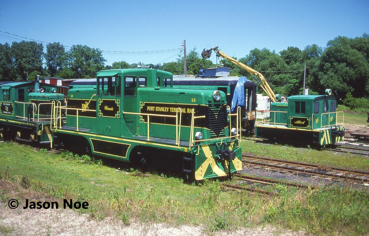 During a Saturday afternoon, several units from the Port Stanley Terminal Railway are viewed sitting in the small yard in Port Stanley, Ontario. Over three decades later, and the heritage railway is still going strong with regular weekend trips over the historic rails of the London and Port Stanley Railway (L&PS) between Port Stanley and St. Thomas.