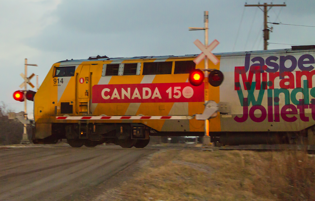 Although I lost more sunlight than anticipated, plus trying a pan shot, I was pleasantly surprised to have gotten this photo. VIA 914 in it's Canada 150 wrap, leads train 78 from Windsor (third from top on the engine!) across Dillon Road on its way to the next station stop at Chatham.