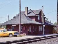 <br>
<br>
The Station
<br>
<br>
For decades served by daily CPR trains 13 & 14  The Dominion,  after 13 & 14 annulled in 1965, served by daily CPR trains 11 & 12 'on advanced notice', then daily  VIA trains 1 & 2, then daily trains 3 & 4, all 'on advanced notice' and then mid eighties 'the train does not stop here anymore'. 
<br>
<br>
Jigger CP Rail 2705-08, on the 'platform'
<br>
<br>
At Britt, August 4 1985 Kodachrome by S.Danko 
<br>
<br>