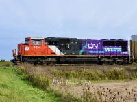 An early morning surprise on Train 275 heading west bound on the Strathroy Sub at South Plympton Line with the CN 8357 "Suicide & Crisis Lifeline" solo leader, October 10, 2026. 