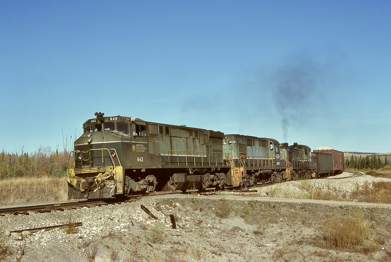 At the south switch of Nig, a southward freight from Fort Nelson to Fort St. John and Chetwynd on Tuesday 1978-09-26 was powered by a delightfully mixed consist of BCOL 642 (M-420) + 606 (RS-18) + 567 (RS-3) which passed at 1125 PDT.