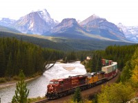 It is almost an unwritten rule that lovers of railroad photography have to visit Morant's Curve at least once. I cannot recall if I posted this photo from there.  If I already have.....oops!!!
This image on an early fall day in 2021 catches CP 8822 and UP 7000 with an eastbound running along the Bow River.  The Curve is about 3 miles out of Lake Louise, Alberta, roughly north east. It is a must for the fans. I had to wait about an hour, but it was well worth it.  Mind-blowing scenery.