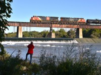 No, this photo was not staged.  I was awaiting CN's #502 with 3877 and 2902 to advance further across the Caledonia Grand River bridge when suddenly into view comes Jason (Ladder Boy) Bartlett. He had no idea I was behind him. Snapped the photo anyway and decided he actually complimented the scene.  Well, there is a first for everything. :o)