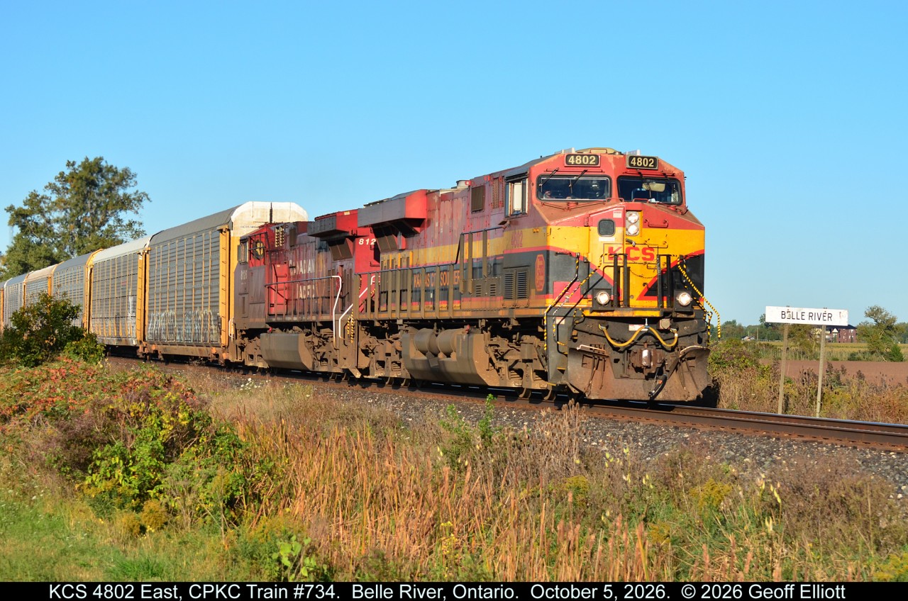 Early morning light brings out the colors of KCS 4806 as it leads train #734 past the east Belle River mileboard on October 5, 2026.  As Fall progresses I'm hopefully I'll be able to catch some more KCS Belles leading as Fall colors start to pop out in and around the area.