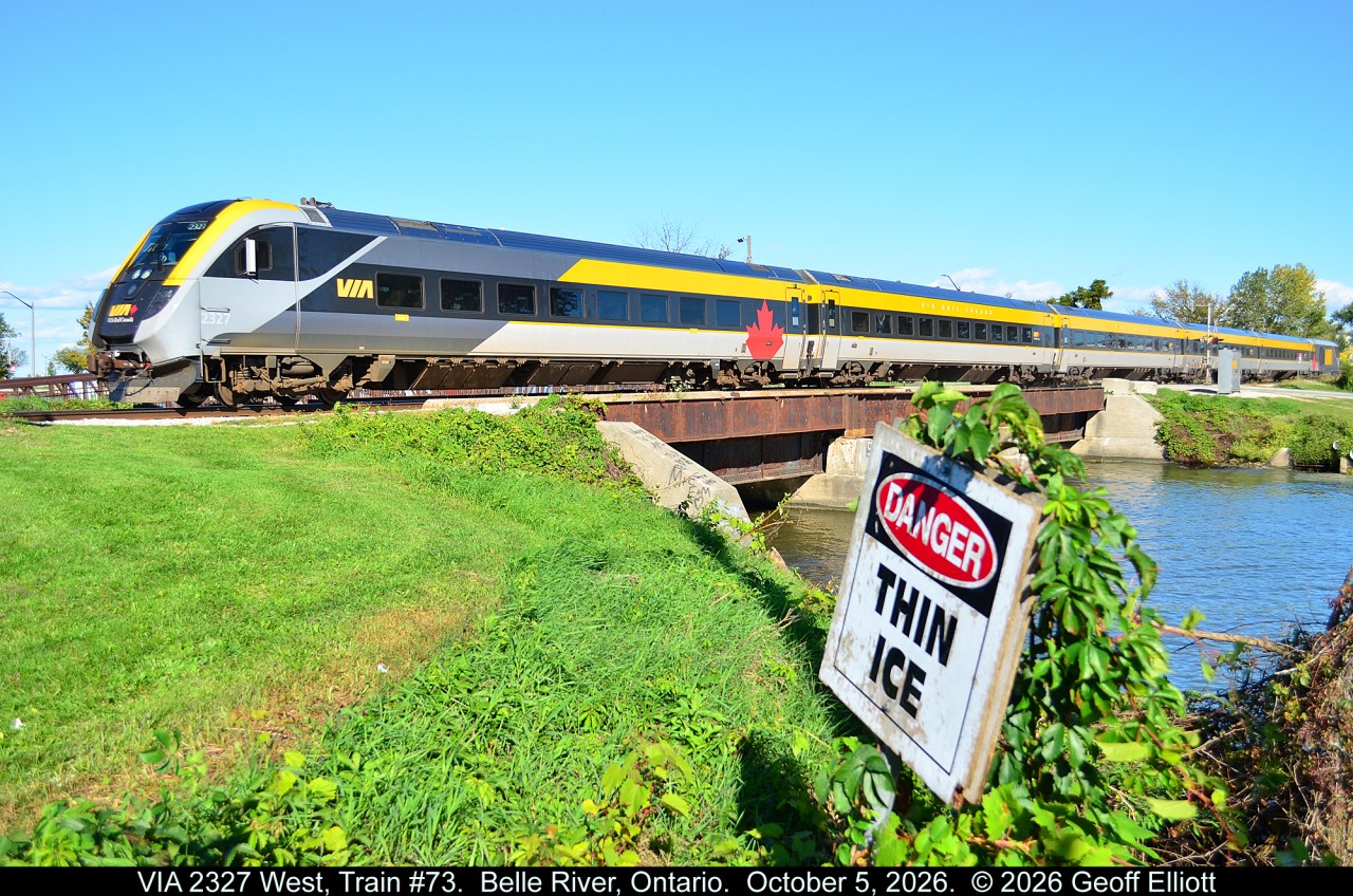 "Signs of things to come"...  A beautiful Fall afternoon sees VIA 2327 lead train #73 across the Belle River bridge on October 5th.  No 'Thin Ice' yet but sadly it's coming soon.........